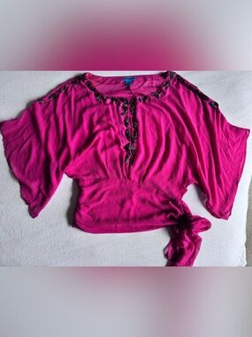 Vintage Y2K Flutterbye Mesh Hot Pink Beaded Bat Wing Silky Top